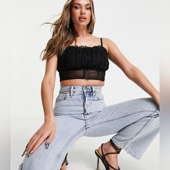 Street 9 Ruched Mesh Crop Top Black Womens S Classic Feminine - Picture 1 of 11